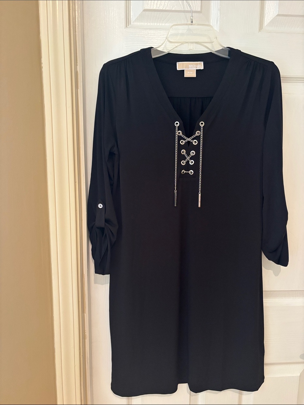 MICHAEL Michael Kors Black Chain Lace-Up V-Neck Long Sleeve Dress
